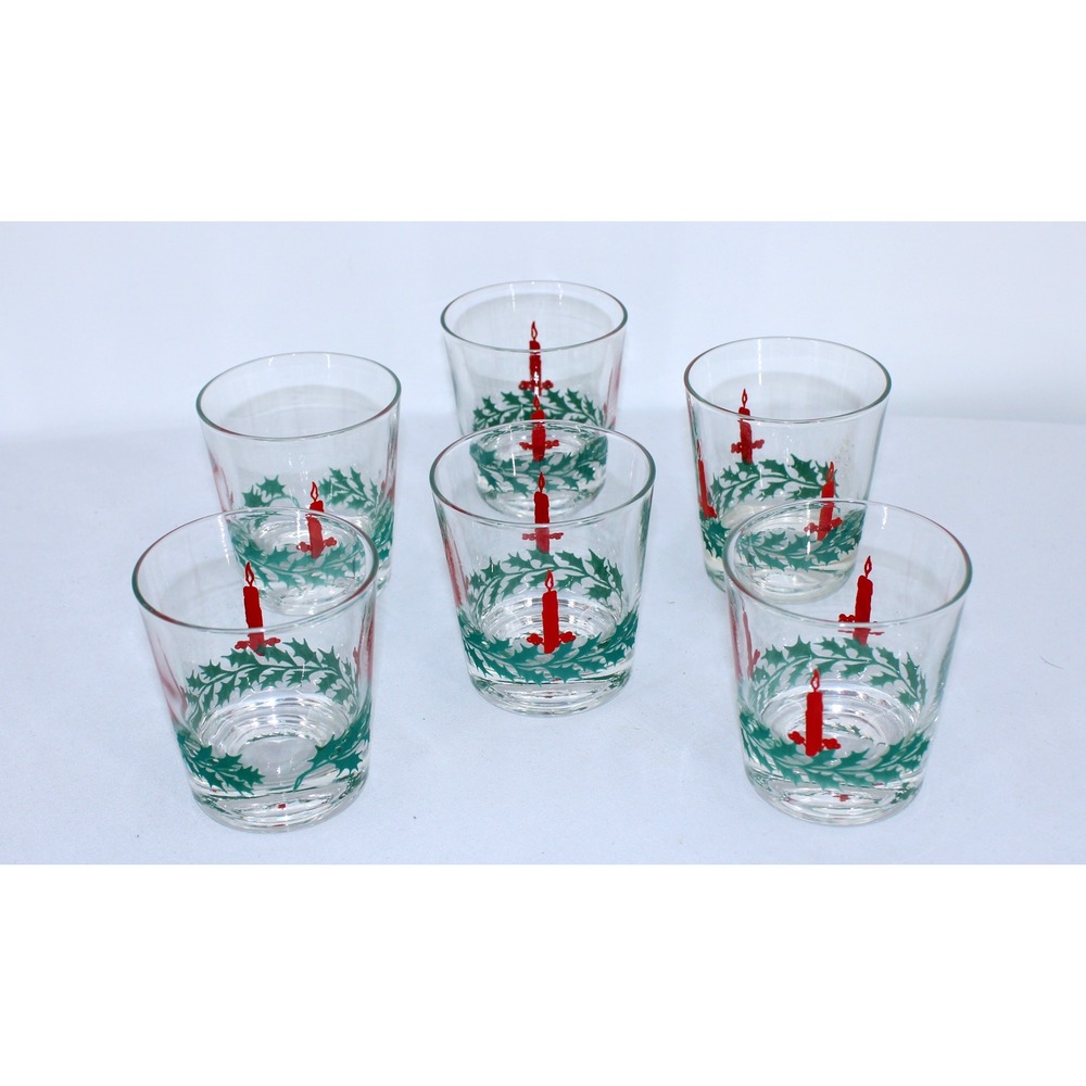 Set of 6 Vintage Christmas Glasses Holly Candle Design